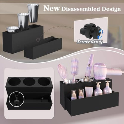 Matte Black Countertop Hair Tool Organizer for Vanity | Stainless Heat Insulated Cups, Detachable Drawer, Stores Hot Styling Tools, Hair Dryer & Curling Irons