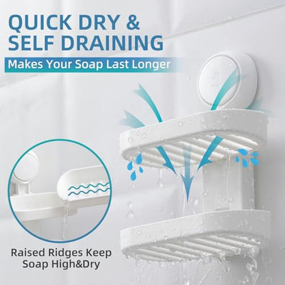 TAILI Soap Holder, Soap Dish for Shower Suction Cup, Bar Soap Holder, White | 2 Layer Removable Soap Holder Shower, Soap Tray for Shower Wall, Drill Free Sponge Holder, Bathroom & Kitchen, No drill