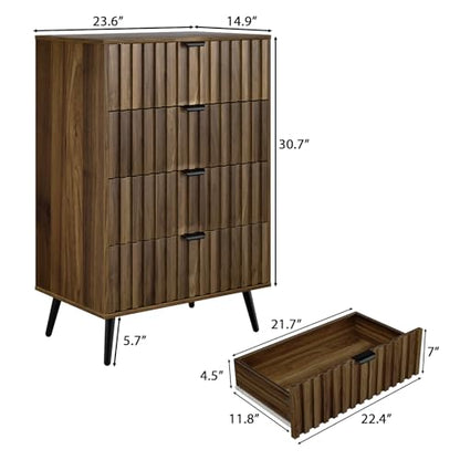 Walnut Fluted 4 Drawers Dresser for Bedroom, Chest of Drawers with Metal Wide Handle, Wooden Dresser for Closet, Bedroom, Living Room, 23.6" x 14.9"D x 30.7" H