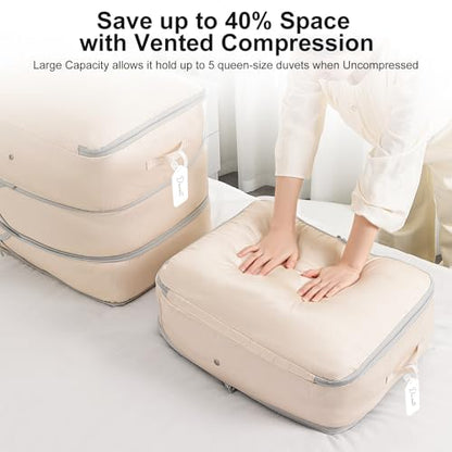 Comforter Storage Bag - Large Capacity Blanket Storage Bags 3-Layer Ultra Space Saving Self Compression Organizer, Washable Compression Bags for Storage Comforter Blanket, 2-Pack, Beige