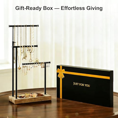 SRIWATANA Carbonized Black Jewelry Organizer Stand, Tall Necklace Holder | 3-Tier 360° Rotating Tall Jewelry Tree with Adjustable Height for Necklaces, Earrings, Bracelets, and Ring Tray