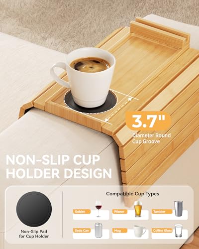 Yofidra Couch Armrest Table, Bamboo Sofa Arm Tray with 360° Rotating Phone Stand, 3 in 1 Foldable Couch Cup Holder with Non-Slip Pad, Sofa Organizer for Drink Remote Phone Snacks, Yellow