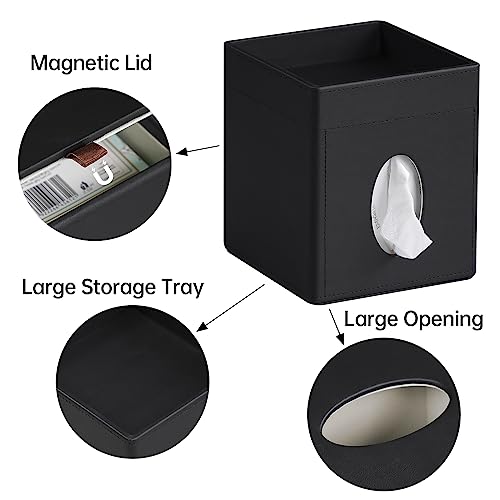 PU Leather Tissue Box Cover Square Tissue Box Holder Tissue Holder | Magnetic Closure, Storage Tray, For Bathroom Night Stands Office Desk Decorative Oganizer