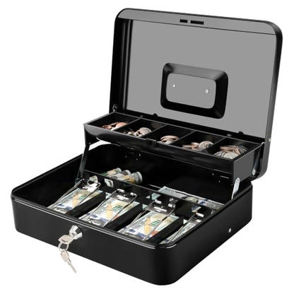 Jssmst Cash Box with Key Lock - 0.9mm Thick Metal Money Box for Garage Sales, Yard Sales and Petty Cash, Portable Cash Drawer with Coin Tray & Spill-Proof Foam Coin Cover, 4 No-Pinch Bill Clips,11.8''