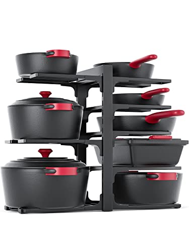 MUDEELA 8-Tier Heavy Duty Pots and Pans Organizer under Cabinet, Black | Adjustable 15.83" H pot rack, pan organizer Holds big stockpots, Cast Iron Skillet and cookware for use inside cabinets