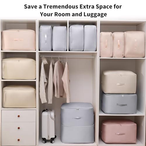 Compression Storage Cube for Comforters (1-Pack, Light Grey, 11x6.3x1.2in) | nylon,grey,thin compress,1-hand fold,holds 2 comforters,reinforced seam,smooth zip,dust/moisture proof,side handle,wipe-clean