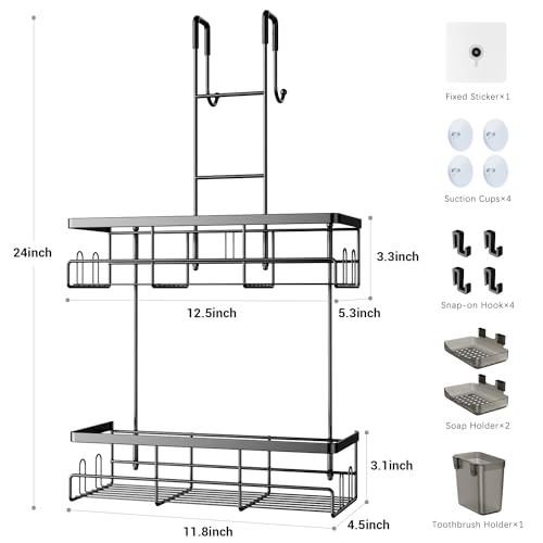 Over the Door Shower Caddy Hanging: Rustproof Shower Door Organizer | Shower Door Rack for Inside Shower, No Drilling Shower Storage Shelf with Hooks, Soap & Toothbrush Holder