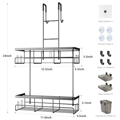 Over the Door Shower Caddy Hanging: Rustproof Shower Door Organizer | Shower Door Rack for Inside Shower, No Drilling Shower Storage Shelf with Hooks, Soap & Toothbrush Holder
