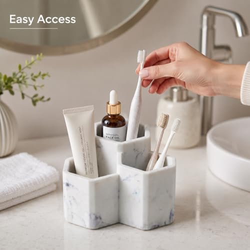 Resin Toothbrush Holder, 3-Slot Bathroom Countertop Organizer | 3-slot resin holder organizes toothbrushes, toothpaste, razors, and makeup brushes for bathroom vanity, countertop, or shower