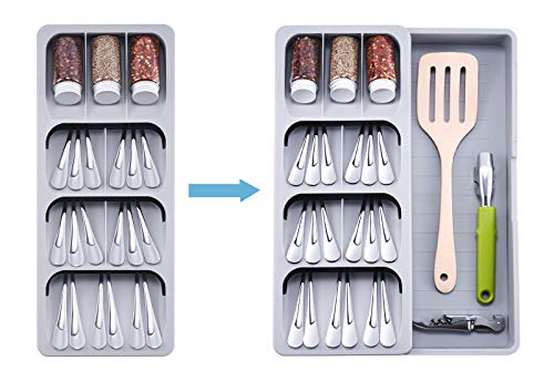 Expandable Kitchen Drawer Organizer, Adjustable Cutlery Trays and Utensil Holder, Kitchen Drawer Dividers Storage for Silverware, Flatware, Knives, Spoons, Gray