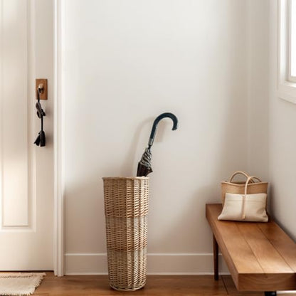 Natural Rattan Umbrella Stand for Entryway, 21.2H x 9.4L x 9.4W, Detachable Drip Tray & 2 Metal Hooks – Storage for Umbrellas, Canes & Walking Sticks, Stylish Home Decor