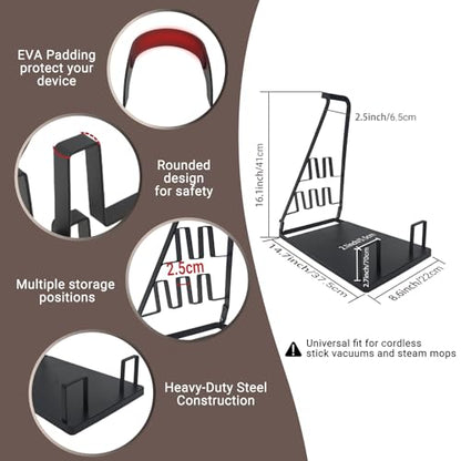 No Installation Required Vacuum Stand for Most Stick Vacuum,Black | No-drill freestanding metal holder. Heavy base prevents tipping. Fits most cordless stick models. Stores attachments neatly.