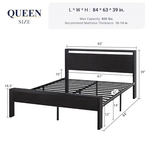Allewie Queen Size Bed Frame, Heavy Duty 12 Metal Slats Support, Black Oak