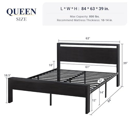 Allewie Queen Size Bed Frame, Heavy Duty 12 Metal Slats Support, Black Oak