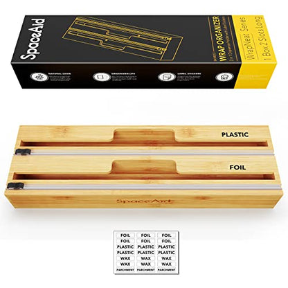 SpaceAid 2 in 1 Long Wrap Dispenser (Need 3" Deep Drawer) with Cutter, Plastic Wrap, Aluminum Foil Dispenser for Kitchen Drawer, Bamboo Roll Organizer Holder, Compatible with 15" Roll