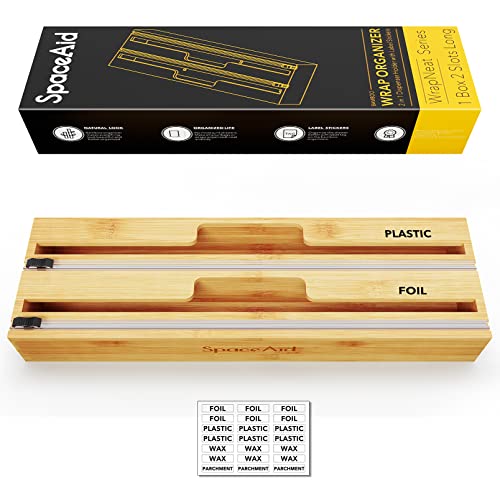 SpaceAid 2 in 1 Long Wrap Dispenser (Need 3" Deep Drawer) with Cutter, Plastic Wrap, Aluminum Foil Dispenser for Kitchen Drawer, Bamboo Roll Organizer Holder, Compatible with 15" Roll