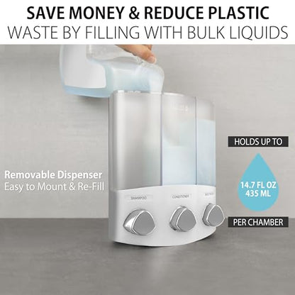 Better Living Products, White 76354 Euro Series TRIO 3-Chamber Soap and Shower Dispenser