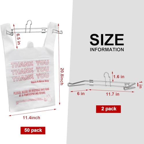 Lounsweer 2 Pcs Plastic Grocery Bag Holder with 50 Pcs Bags, T-shirt Sack Organizer Rack Hanging Holder, Storage Organization Accessories for Grocery Store Supermarket Restaurant Business