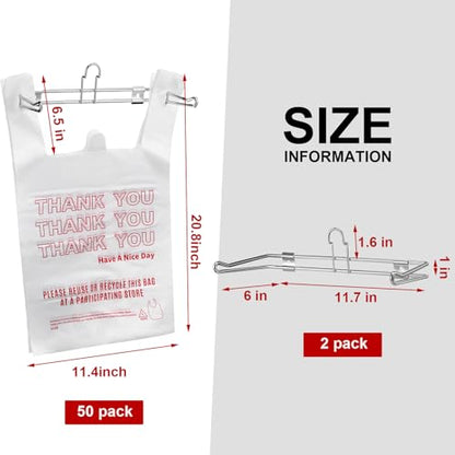 Lounsweer 2 Pcs Plastic Grocery Bag Holder with 50 Pcs Bags, T-shirt Sack Organizer Rack Hanging Holder, Storage Organization Accessories for Grocery Store Supermarket Restaurant Business