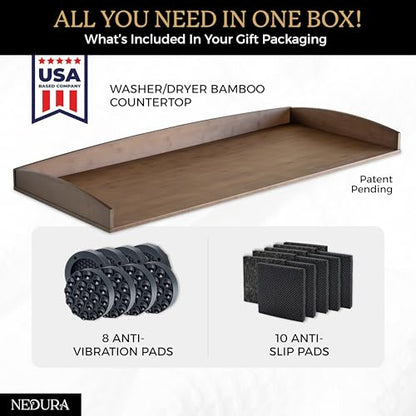 Nedura Washer Dryer Countertop with Anti-Vibration Pads, Curved Edge Rails, Premium Bamboo Laundry Countertop, Washer Dryer Topper, Laundry Room Organization, Laundry Room Accessory – Dark Walnut
