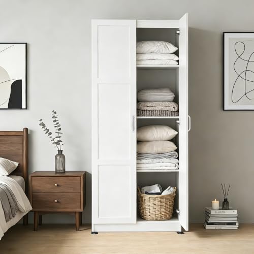 DUMOS Tall Storage Cabinet with Doors and Shelves, Kitchen Pantry Cabinet | 71'' Wood Storage Freestanding Wooden Cabinets for Bedroom, Pantry, Home Office, Dining Room & Living Room, White