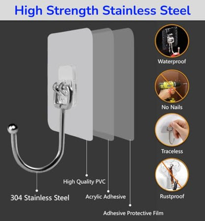 Large Adhesive Hooks, 12-Pack Sticky Hangers for Hanging Heavy Duty, Transparent Waterproof Oil-Proof and Rustproof, Towel and Coats Hooks for Bathroom,Kitchen Home and Office
