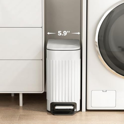 Slim Bathroom Trash Can with Lid Soft Close & Pedal, 1.6Gal, White | Removable Inner Bucket, Stainless Steel Garbage Can, Small Wastebasket for Toilet/Office/Bedroom, Retro Design, Odor Control