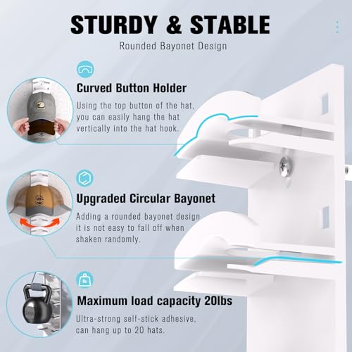 Hat Organizer for Baseball Caps 2Pack, Hat Rack for Wall with Strong Adhesive Hold up to 20 Hats, Hat Hanger Holder Display for Door Closet, Cap Organizer Storage Multilayer Two Mounting Option(White)