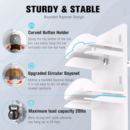 Hat Organizer for Baseball Caps 2Pack, Hat Rack for Wall with Strong Adhesive Hold up to 20 Hats, Hat Hanger Holder Display for Door Closet, Cap Organizer Storage Multilayer Two Mounting Option(White)