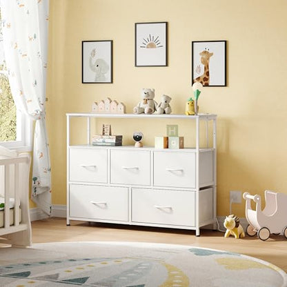 White Dresser for Bedroom with 5 Drawers，Fabric Dr... (White)