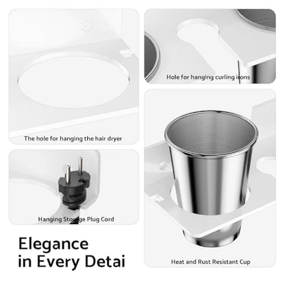 Hair Tool Organizer Wall Mount, White Acrylic Hot Tool Holder with 2Cups, Bathroom Hair Styling Accessories Storage Organizer for Flat Iron, Blow Dryer, Curling Wand