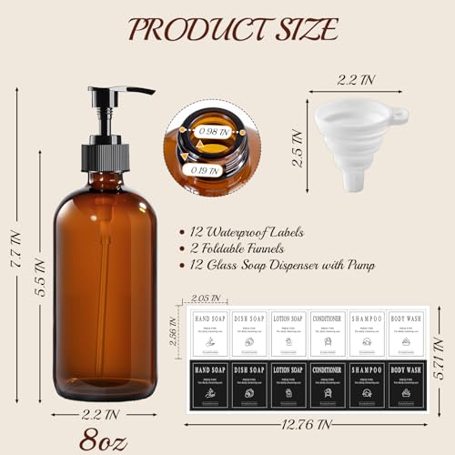 12 Pack 8oz Amber Glass Bottles with Pump Dispensers | Refillable Soap Dispensers for Shampoo, Conditioner, Lotion & Body Wash, Bathroom & Kitchen, Includes 2 Funnels & 12 Labels