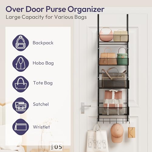 Over the Door Purse Organizer - Wall Mounted Purse Rack with 4 Adjustable Metal Basket and 6 Hooks, Hanging Bag Rack for Handbag Organizer, Bag Storage Can Use As 1/2 Part, for Door