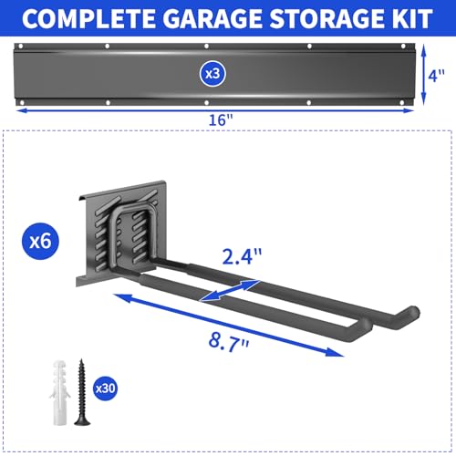 Garage Tool Organizer Wall Mount, 48 Inch Heavy Duty Garden Tool Organizer Storage System, Easy Install with 6 Adjustable Straight Hooks, for Garage, Basement, Shed, Workshop, Black, Steel