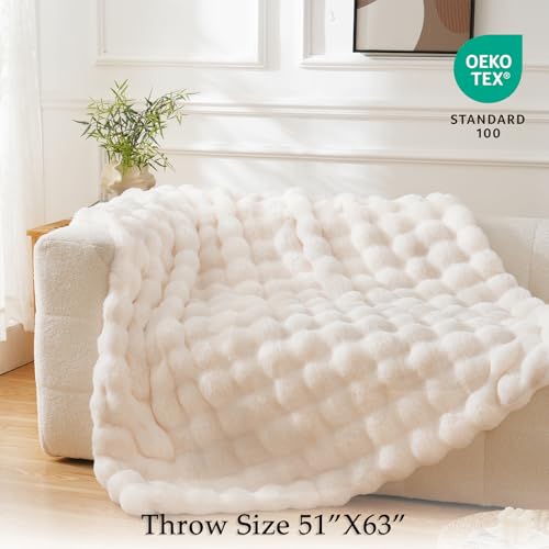 Faux Fur Throw Blanket for Couch - Cozy Plush Fluffy Soft Thick Bubble Blanket for Living Room Home Decor - Mothers Day Birthday Gifts for Women, Cream White, 51" x 63"