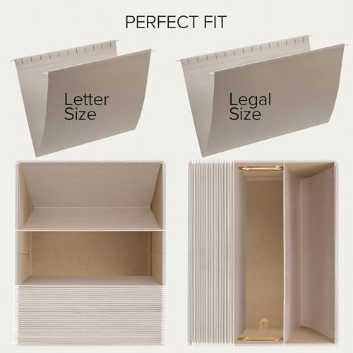 Decorative File Organizer Box Set of 2 - Collapsible Linen Filing Cabinets | Stores Documents and Hanging File Folders - Portable Office Crates with Lid and Handles for Easy Slide Access