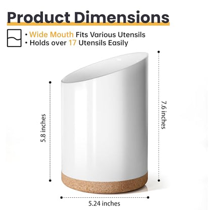 KITEISCAT Large Ceramic Utensil Holder for Kitchen Counter, Modern Crock with Slanted Top & Cork Mat, for Spatulas & Cooking Spoons, White