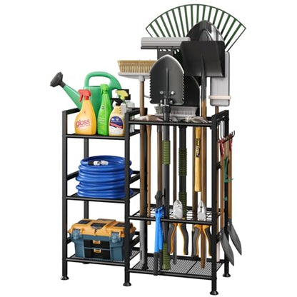 keomaisyto Garden Tool Organizer with Large Hooks, Garage Storage Rack | 3 Tier Yard Tool Holder with 35 Long-Handled Tool Slots, Heavy Duty Garden Tool Rack for Shed, Yard, Garage