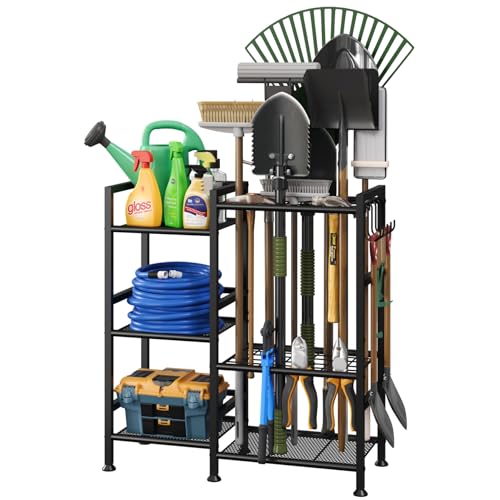 keomaisyto Garden Tool Organizer with Large Hooks, Garage Storage Rack | 3 Tier Yard Tool Holder with 35 Long-Handled Tool Slots, Heavy Duty Garden Tool Rack for Shed, Yard, Garage