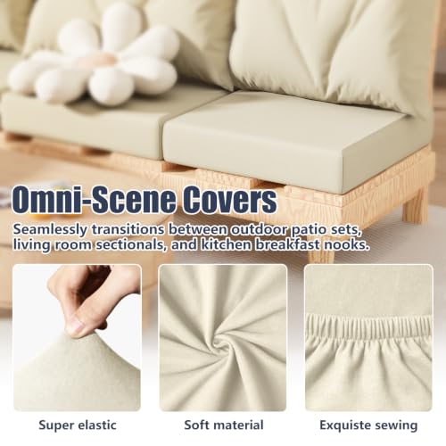 8Pcs Outdoor Cushion Covers, Stretch Patio Furniture Couch Chair Slipcovers | Washable, Pet Friendly, Seat Replacement Covers, Soft Sofa Slip Covers, 4-Large+4-Rectangle 20-27", Easy Renew, Beige