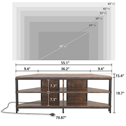 MUTUN Corner TV Stand with Power Outlet, Corner Entertainment Center for 32 43 50 55 60 Inch TV, Industrial Media Console Table for Living Room Bedroom, 55 Inch, Rustic Brown