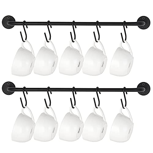Mkono Wall Mounted Mug Holder, Coffee Cup Hanger Rack with 10 Hooks, 2 Pack | Kitchen Rod, Space Saving, Easy Assembly, Wall & Under Cabinet, Durable Metal, Kitchen Dining Bar Organizer, Multi-Function
