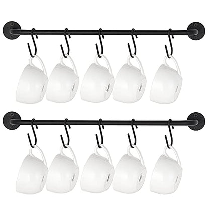 Mkono Wall Mounted Mug Holder, Coffee Cup Hanger Rack with 10 Hooks, 2 Pack | Kitchen Rod, Space Saving, Easy Assembly, Wall & Under Cabinet, Durable Metal, Kitchen Dining Bar Organizer, Multi-Function