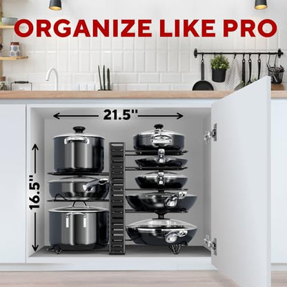 Pots and Pans Organizer Under Cabinet - 8-Tier Adjustable Pan Organizer Rack for Cabinet - Heavy-Duty Pot & Pan Organizer - Perfect to Store Pots, Pans, Lids - Easy Kitchen Organization and Storage