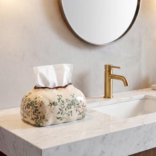 Yalikop Vintage Floral Ceramic Tissue Box Cover Chinoiserie Decorative Tissue Holder Retro Rustic Farmhouse Home Decor for Bathroom Vanity Table Living Room Bedroom Kitchen Office Green and Beige