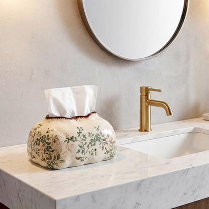 Yalikop Vintage Floral Ceramic Tissue Box Cover Chinoiserie Decorative Tissue Holder Retro Rustic Farmhouse Home Decor for Bathroom Vanity Table Living Room Bedroom Kitchen Office Green and Beige