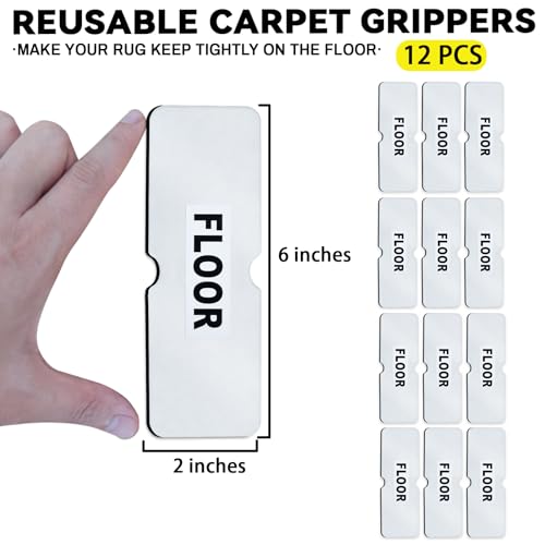 Reusable Rug Tape Non Slip Grippers for Hardwood Floors No Damaging, 12Pcs | Keep Carpet Corners Down Flat on Laminate Floor, Tiles, Under Carpet Double Sided Tape Stickers Pads Invisible No Residue