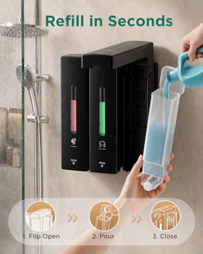 Shampoo and Conditioner Dispenser Wall Mounted, 3-Chamber Shower Soap Dispenser for Bathroom, 1200ML Large Capacity, No-Drill Installation, Clog-Free Pump for Thick Liquids (black-3-pack)