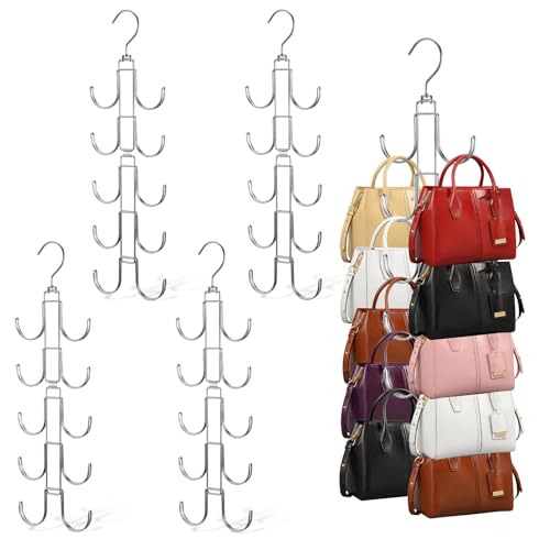 4 Pack Purse Organizer for Closet, Purse Hanger with 10 Big Hooks, 360 Degree Rotation Bag Holder for Organizer Display, Foldable Space Saving Hangers Rack for Handbag, Belt, Scarve, Tie