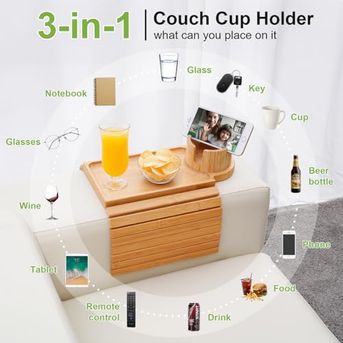 Couch Cup Holder - 3 in 1 Sofa Arm Tray with 360° Rotating Cup Holder & Phone Stand,Arm Chair Rest Table Fits Various of Large Width Couches Armrest,Anti-Slip Foldable Couch Tray for Drinks